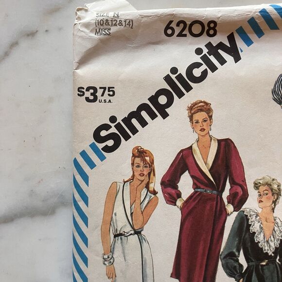 Simplicity Pattern 6208 V Neck Wrap Dress Pockets Collar Women's Size 10-12-14 - Picture 2 of 8